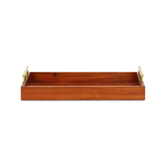 16" Brown And Gold Solid Wood Handmade Serving Tray With Handles