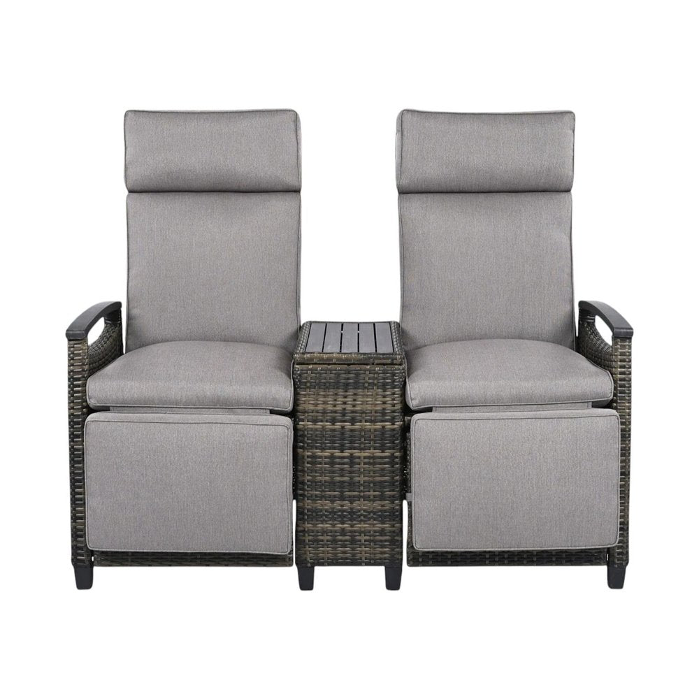 Set of Two Light Gray Metal Three Position Adjustable Outdoor Chaise Lounges with Light Gray Cushion