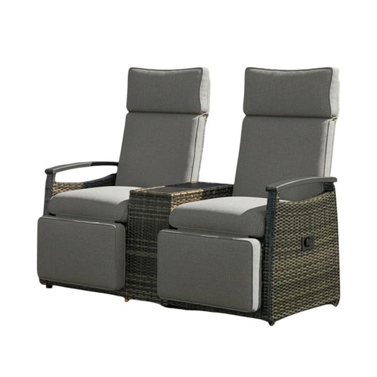 Set of Two Light Gray Metal Three Position Adjustable Outdoor Chaise Lounges with Light Gray Cushion