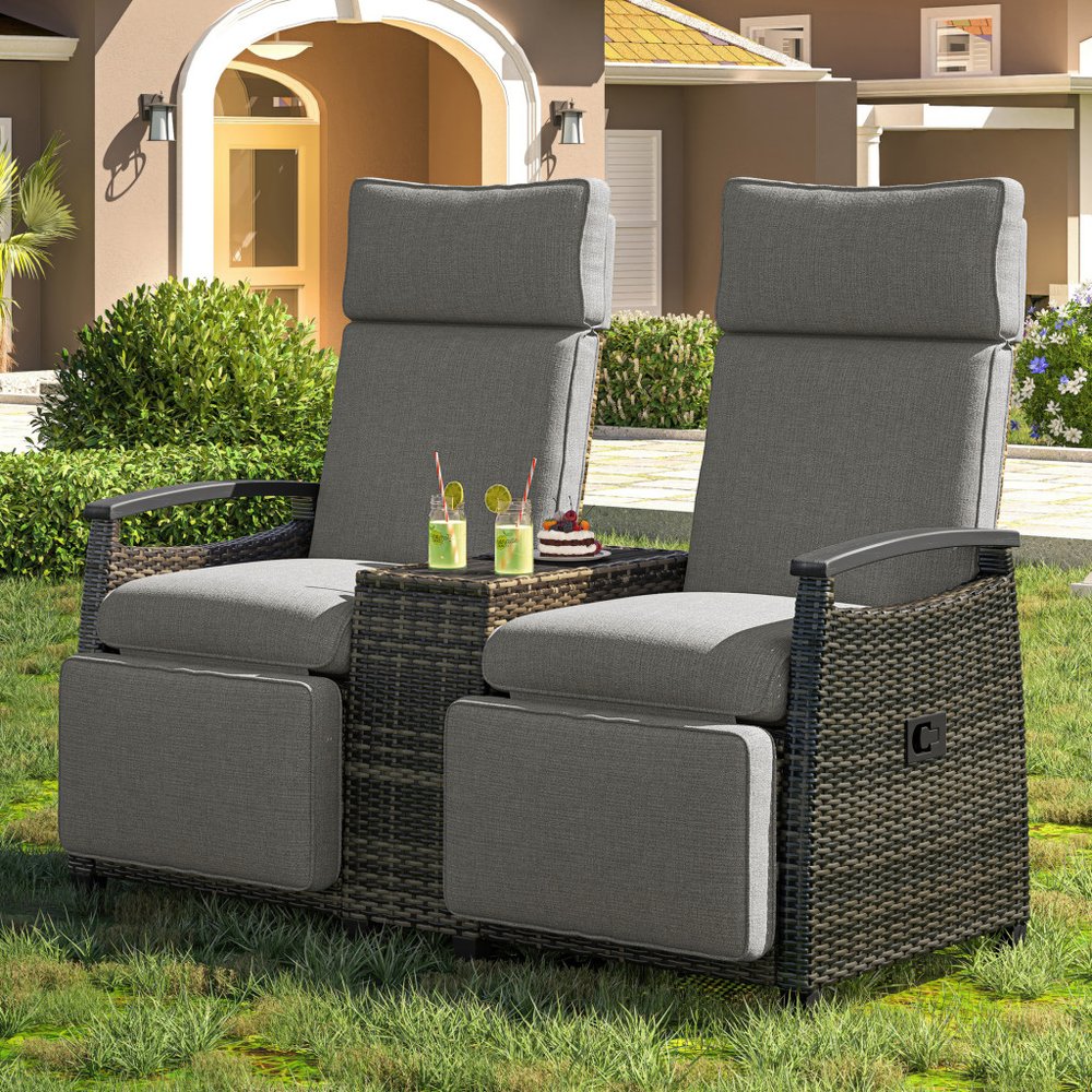 Set of Two Light Gray Metal Three Position Adjustable Outdoor Chaise Lounges with Light Gray Cushion