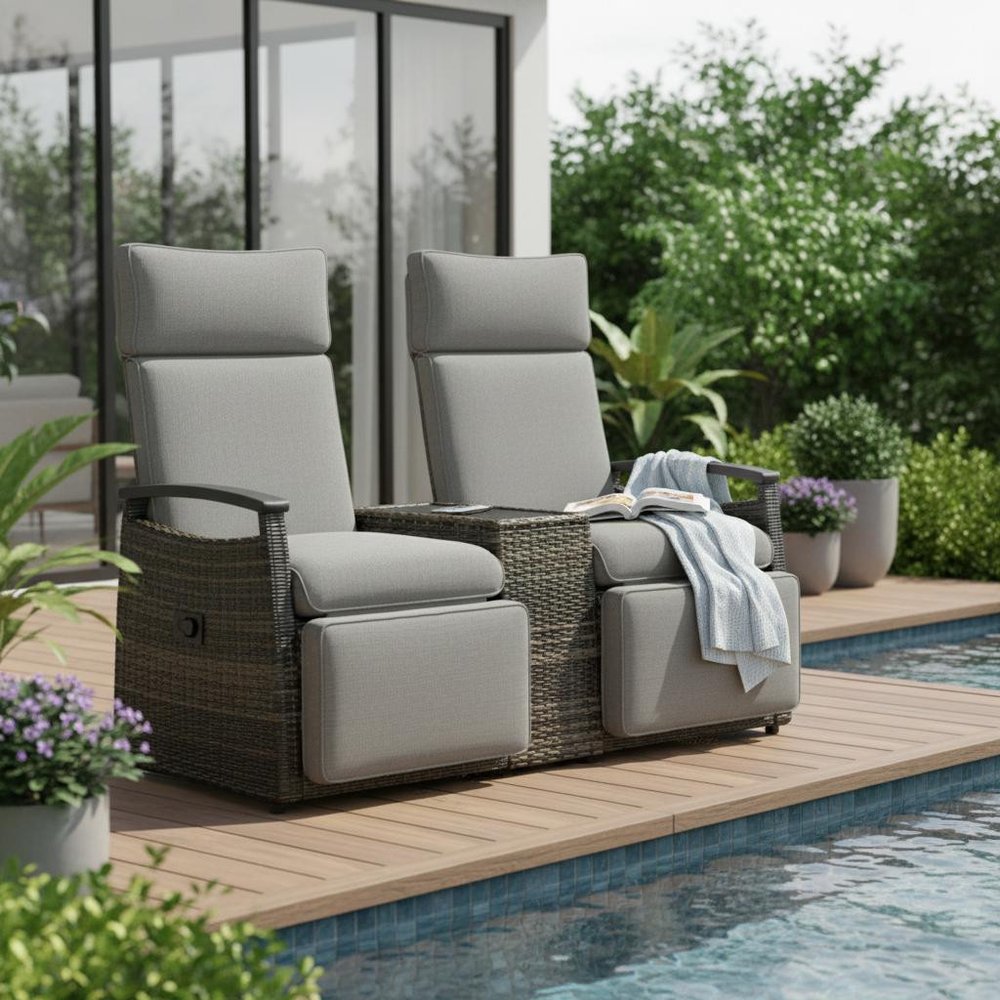Set of Two Light Gray Metal Three Position Adjustable Outdoor Chaise Lounges with Light Gray Cushion