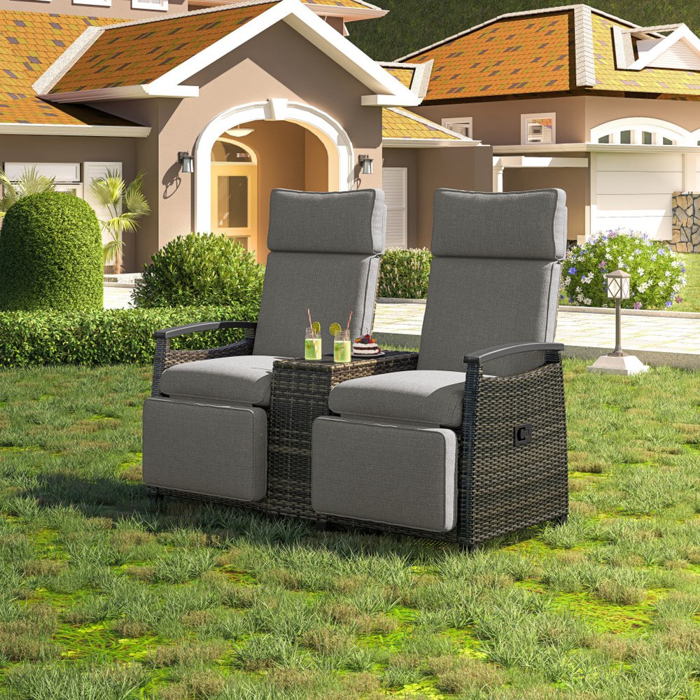 Set of Two Light Gray Metal Three Position Adjustable Outdoor Chaise Lounges with Light Gray Cushion