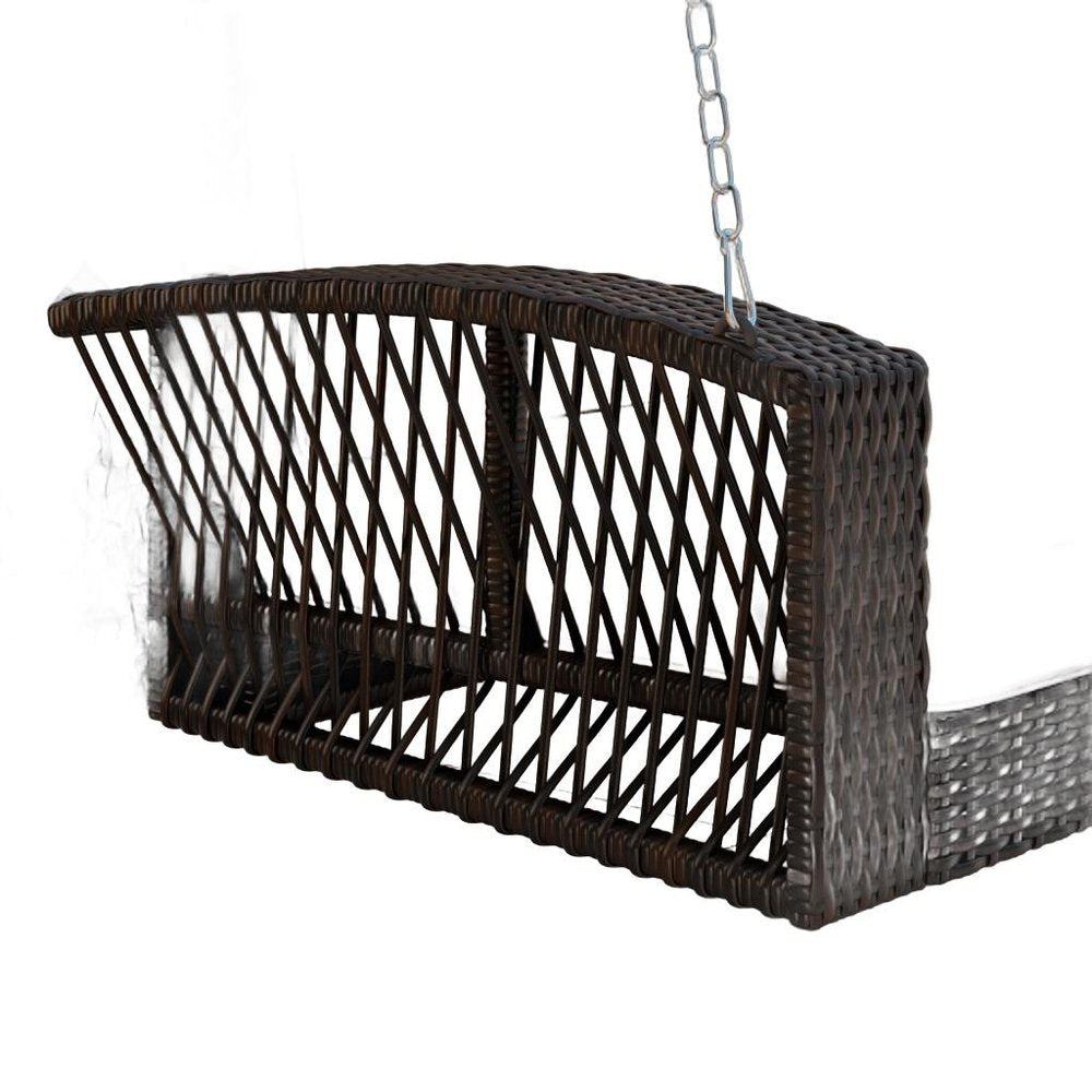 69" Brown Woven Rattan Outdoor Swing Chair with Beige Cushions