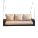 69" Brown Woven Rattan Outdoor Swing Chair with Beige Cushions