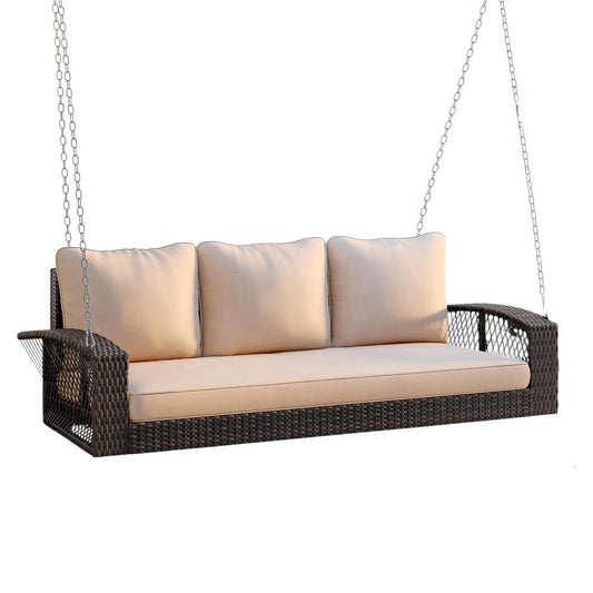 69" Brown Woven Rattan Outdoor Swing Chair with Beige Cushions