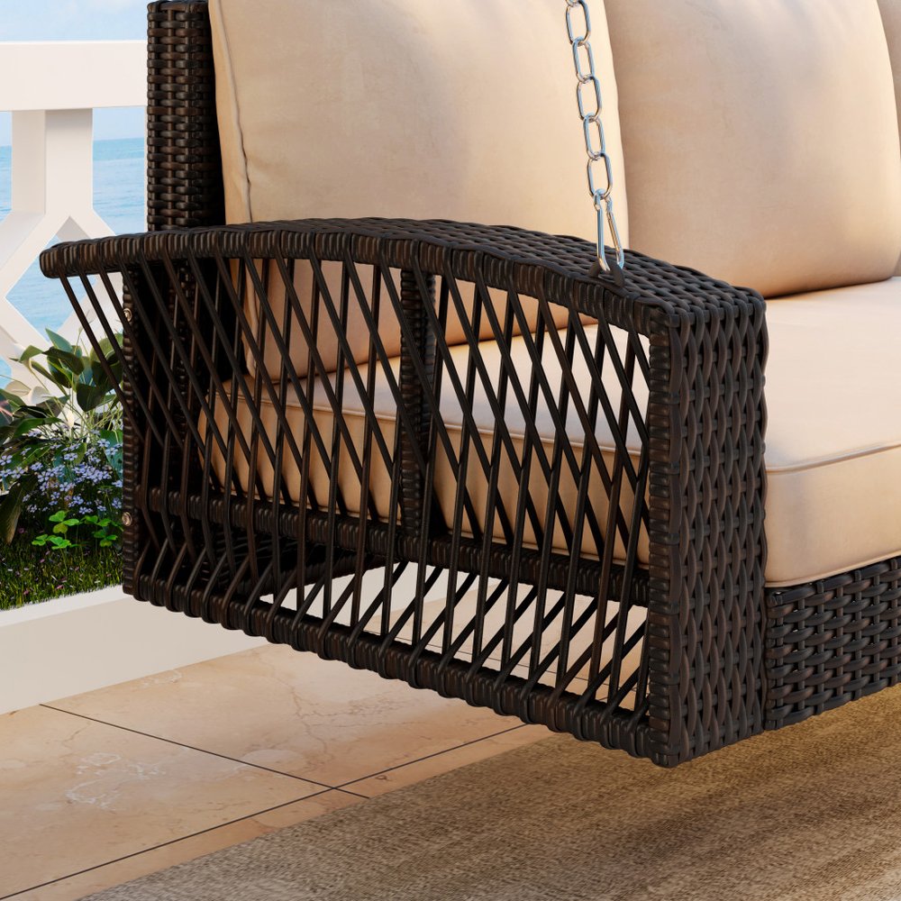 69" Brown Woven Rattan Outdoor Swing Chair with Beige Cushions