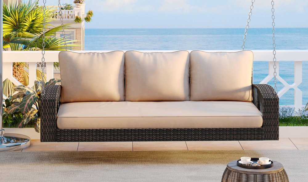 69" Brown Woven Rattan Outdoor Swing Chair with Beige Cushions