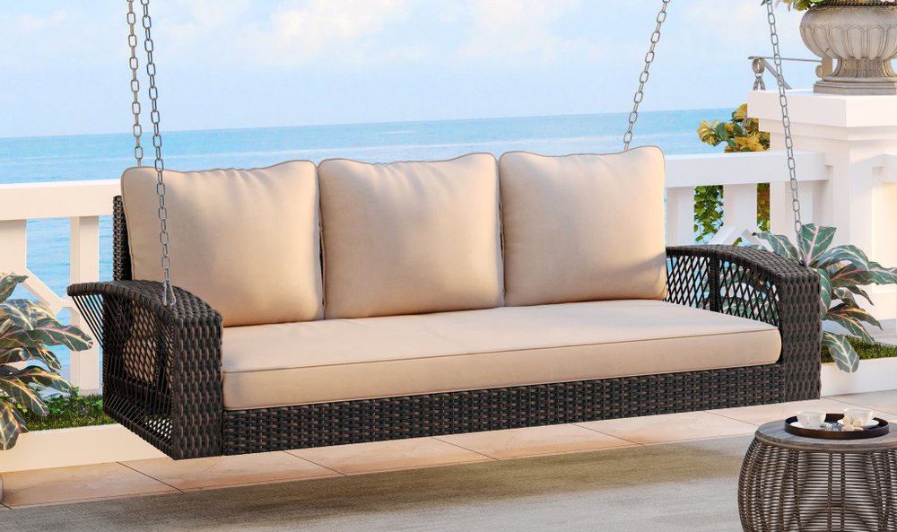 69" Brown Woven Rattan Outdoor Swing Chair with Beige Cushions
