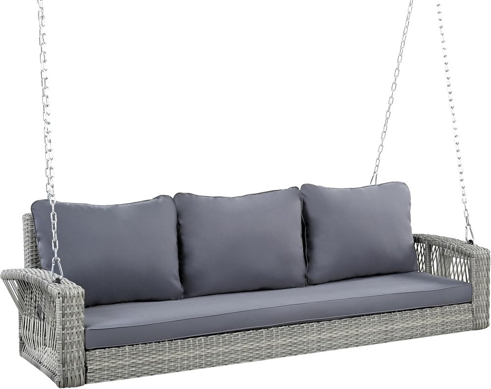 69" Gray Woven Rattan Outdoor Swing Chair with Gray Cushion