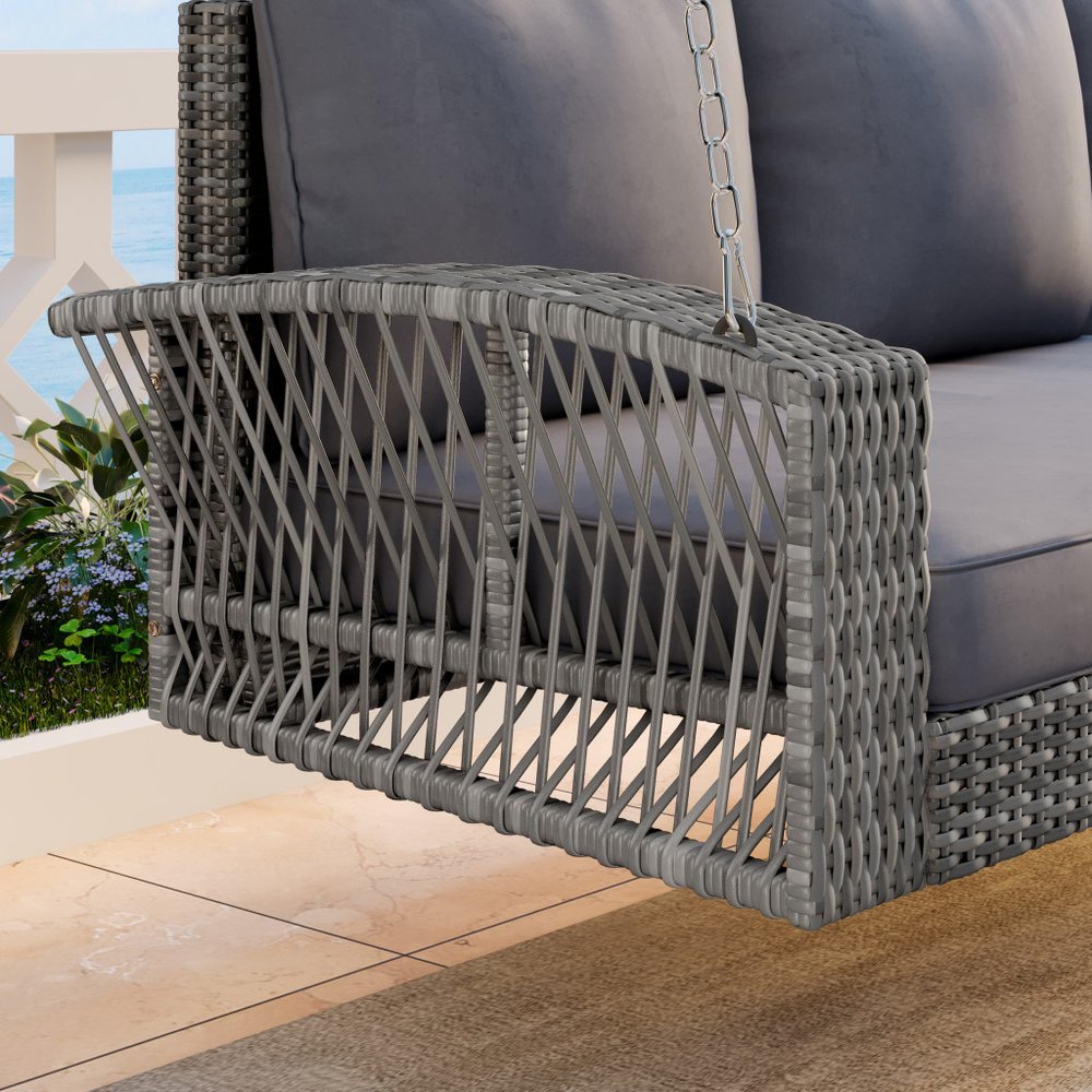 69" Gray Woven Rattan Outdoor Swing Chair with Gray Cushion