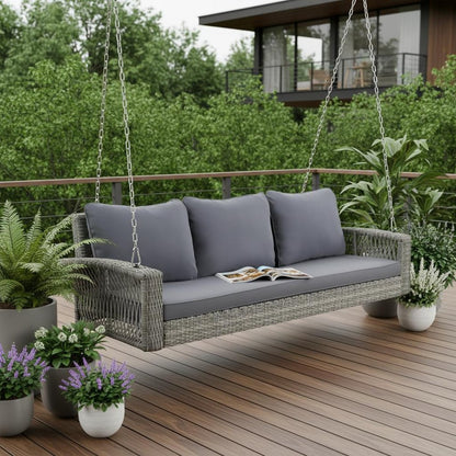 69" Gray Woven Rattan Outdoor Swing Chair with Gray Cushion