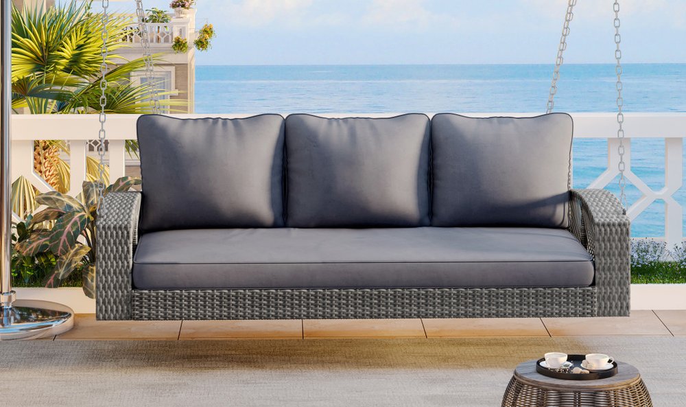 69" Gray Woven Rattan Outdoor Swing Chair with Gray Cushion