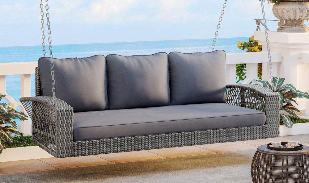 69" Gray Woven Rattan Outdoor Swing Chair with Gray Cushion