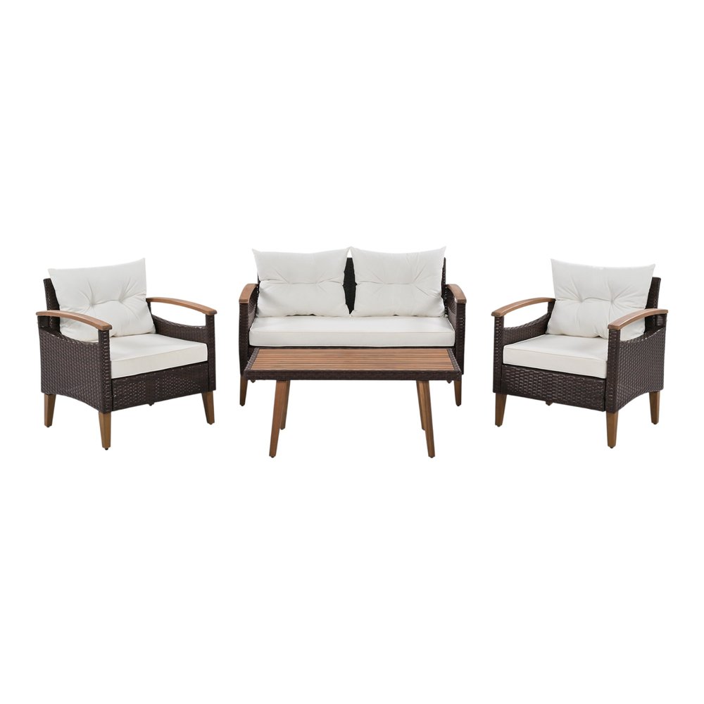 Three Piece Outdoor Beige Rattan Sofa Seating Group with Beige Cushions