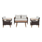 Three Piece Outdoor Beige Rattan Sofa Seating Group with Beige Cushions