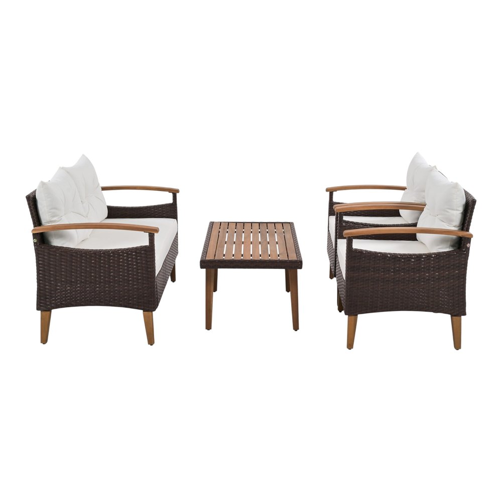 Three Piece Outdoor Beige Rattan Sofa Seating Group with Beige Cushions