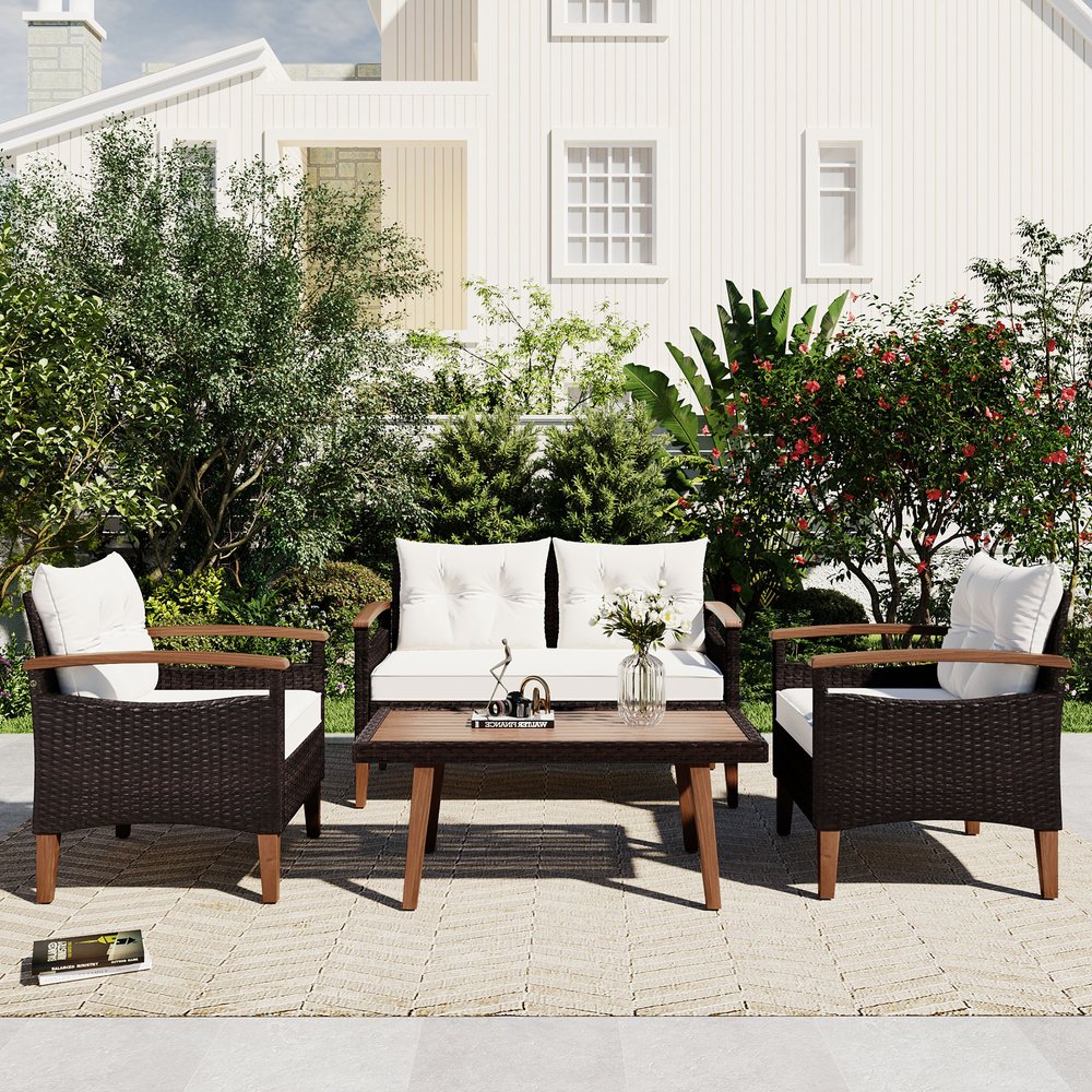 Three Piece Outdoor Beige Rattan Sofa Seating Group with Beige Cushions