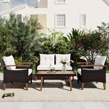 Three Piece Outdoor Beige Rattan Sofa Seating Group with Beige Cushions