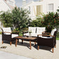 Three Piece Outdoor Beige Rattan Sofa Seating Group with Beige Cushions