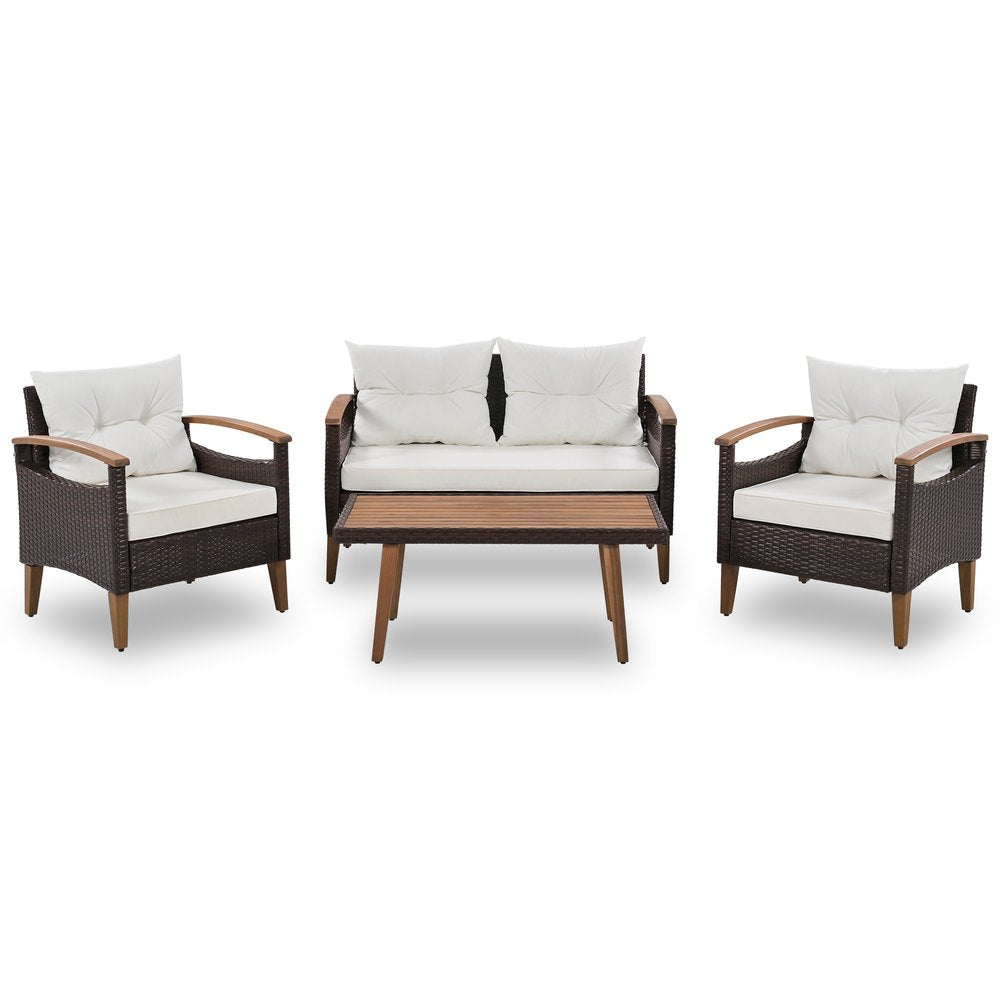 Three Piece Outdoor Beige Rattan Sofa Seating Group with Beige Cushions