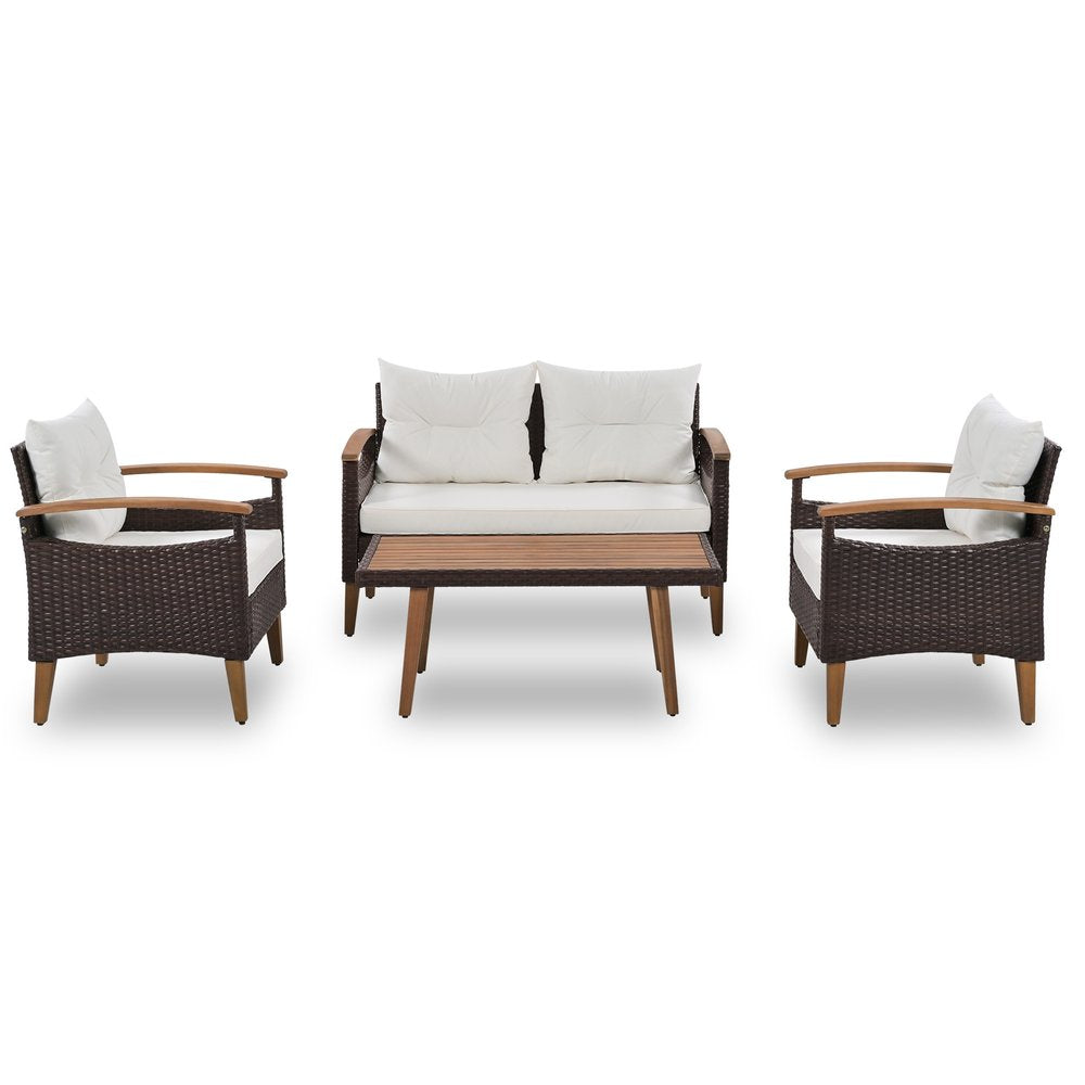 Three Piece Outdoor Beige Rattan Sofa Seating Group with Beige Cushions