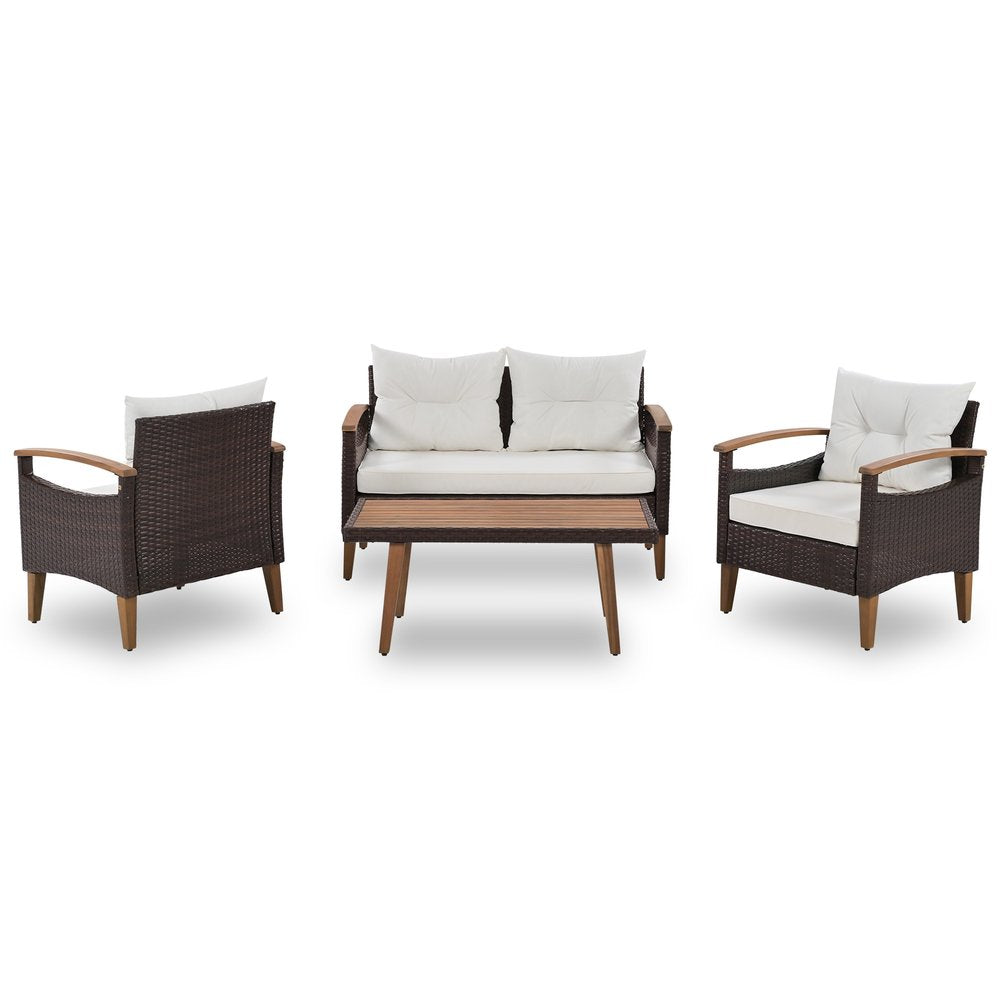 Three Piece Outdoor Beige Rattan Sofa Seating Group with Beige Cushions