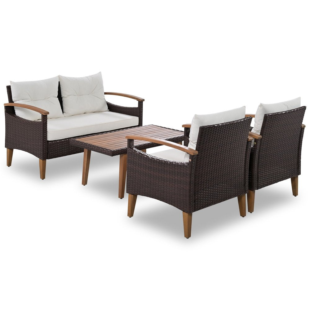 Three Piece Outdoor Beige Rattan Sofa Seating Group with Beige Cushions