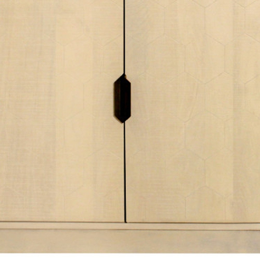 72" Natural Distressed Solid Wood Carved Geometric Sideboard with Four Doors