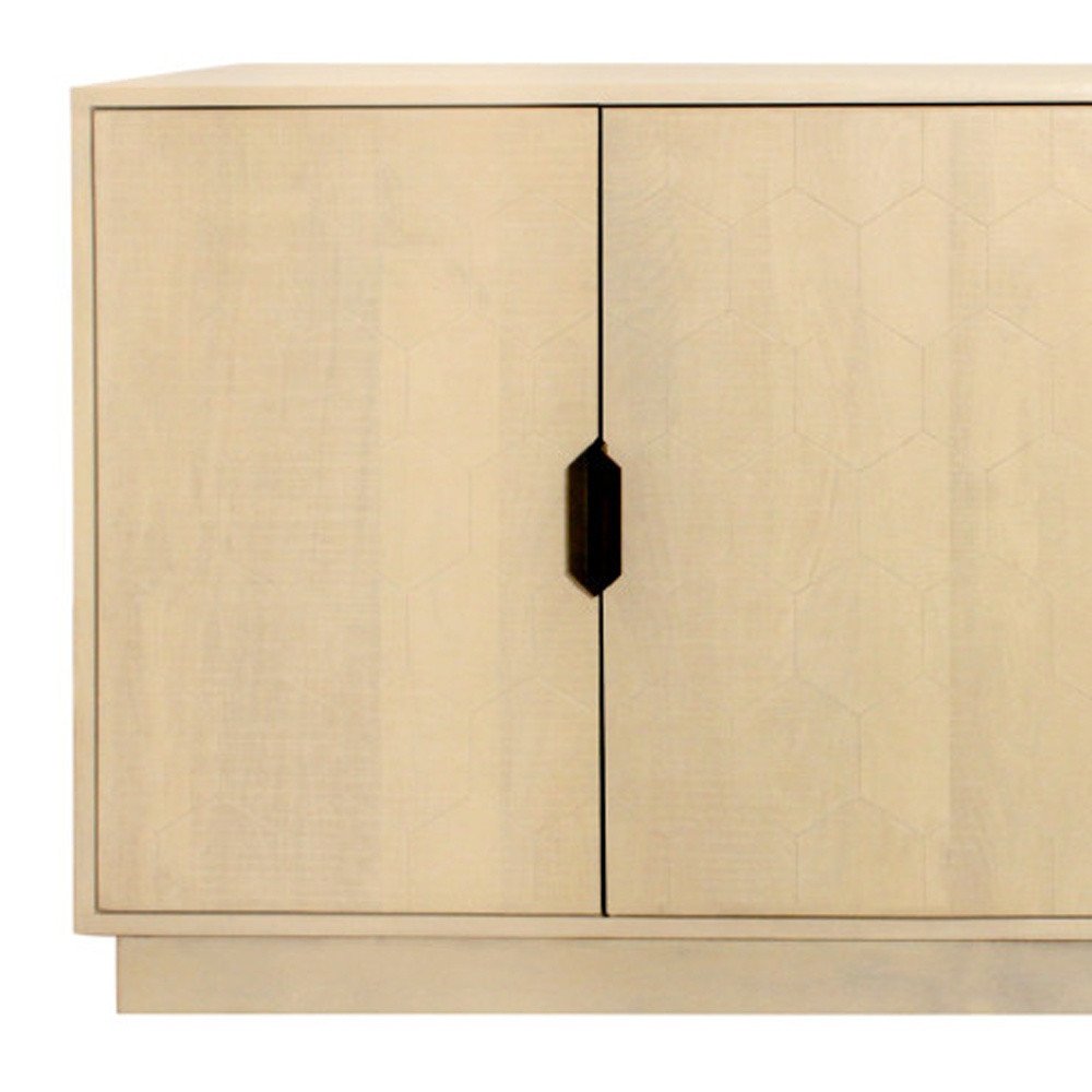 72" Natural Distressed Solid Wood Carved Geometric Sideboard with Four Doors