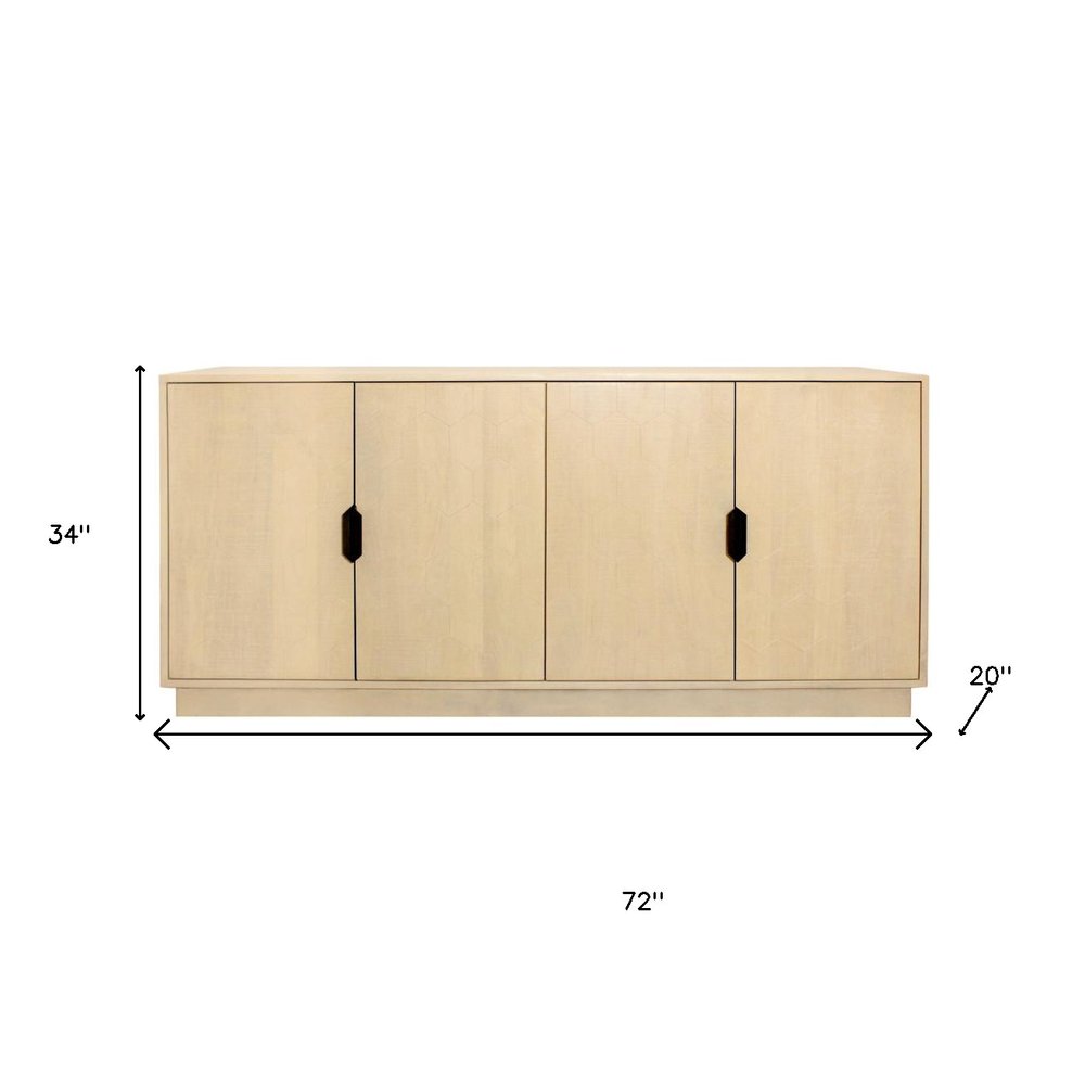 72" Natural Distressed Solid Wood Carved Geometric Sideboard with Four Doors