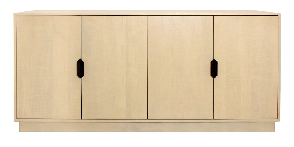 72" Natural Distressed Solid Wood Carved Geometric Sideboard with Four Doors