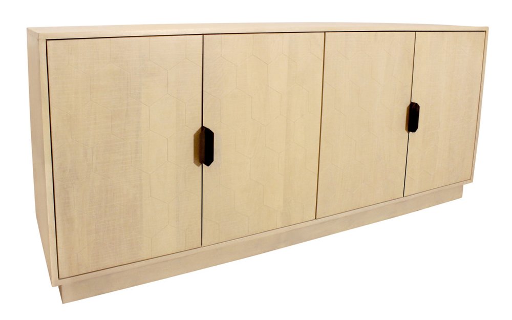 72" Natural Distressed Solid Wood Carved Geometric Sideboard with Four Doors