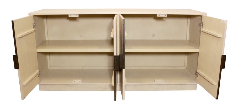 72" Natural Distressed Solid Wood Carved Geometric Sideboard with Four Doors