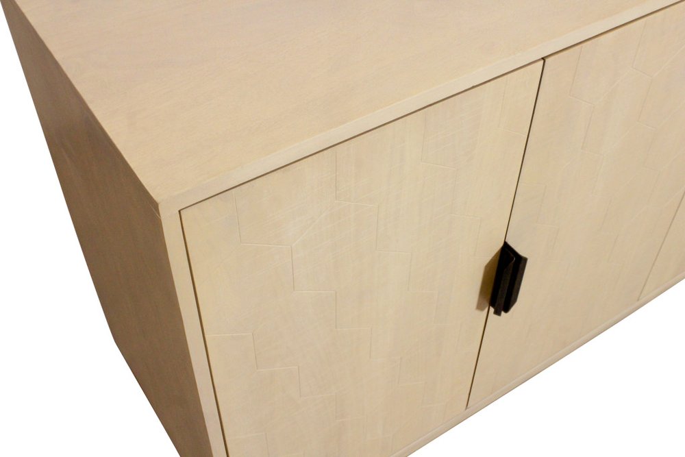 72" Natural Distressed Solid Wood Carved Geometric Sideboard with Four Doors