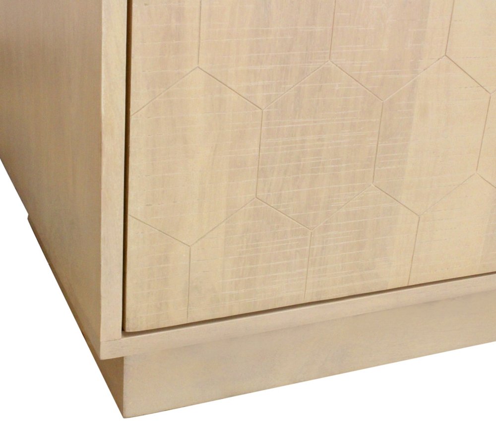 72" Natural Distressed Solid Wood Carved Geometric Sideboard with Four Doors