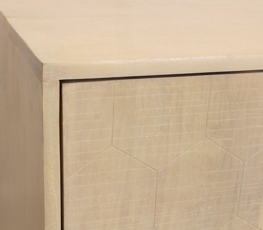 72" Natural Distressed Solid Wood Carved Geometric Sideboard with Four Doors