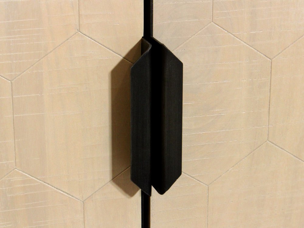 72" Natural Distressed Solid Wood Carved Geometric Sideboard with Four Doors