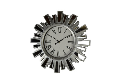 19" Silver And Clear Mirrored Glass And Heavy Duty Plastic Silent Analog Sunburst Wall Clock