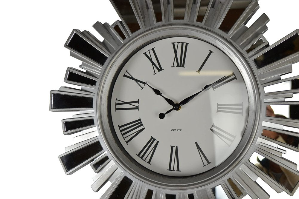 19" Silver And Clear Mirrored Glass And Heavy Duty Plastic Silent Analog Sunburst Wall Clock
