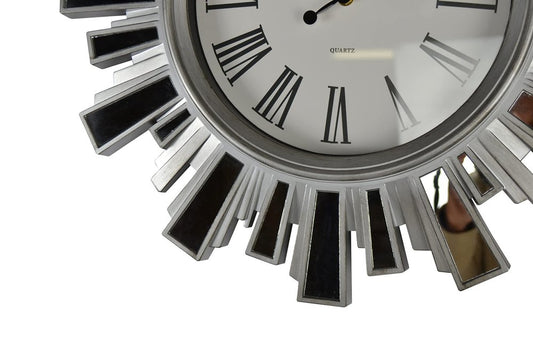 19" Silver And Clear Mirrored Glass And Heavy Duty Plastic Silent Analog Sunburst Wall Clock