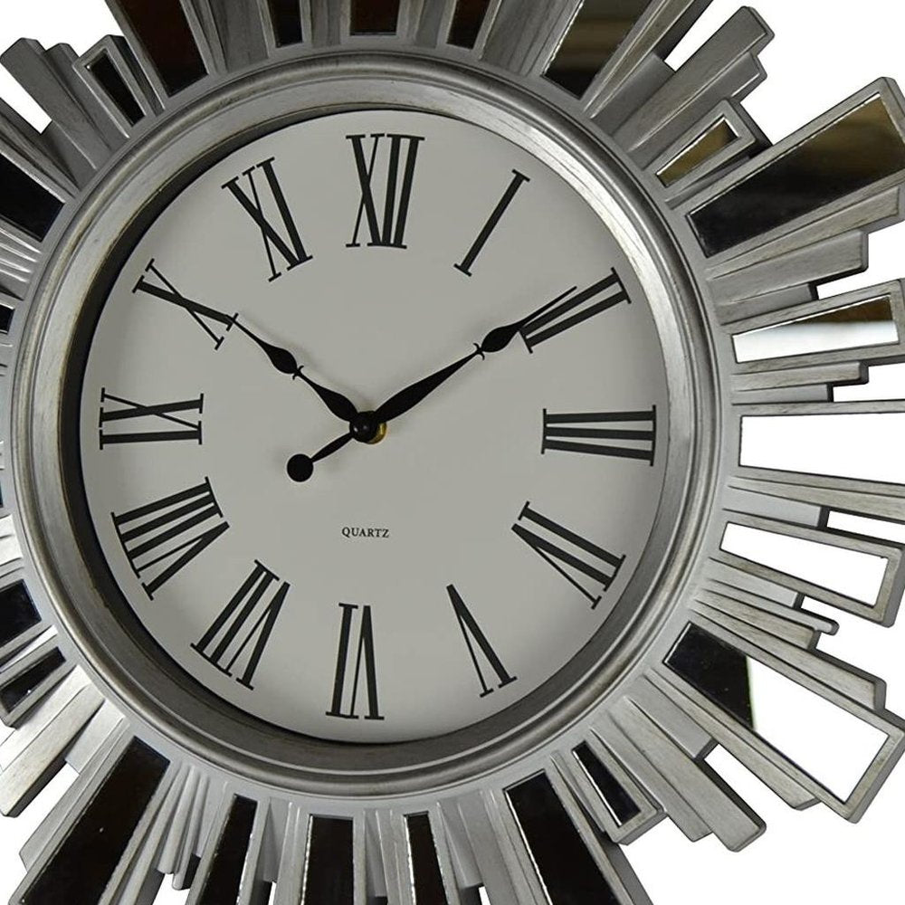 19" Silver And Clear Mirrored Glass And Heavy Duty Plastic Silent Analog Sunburst Wall Clock