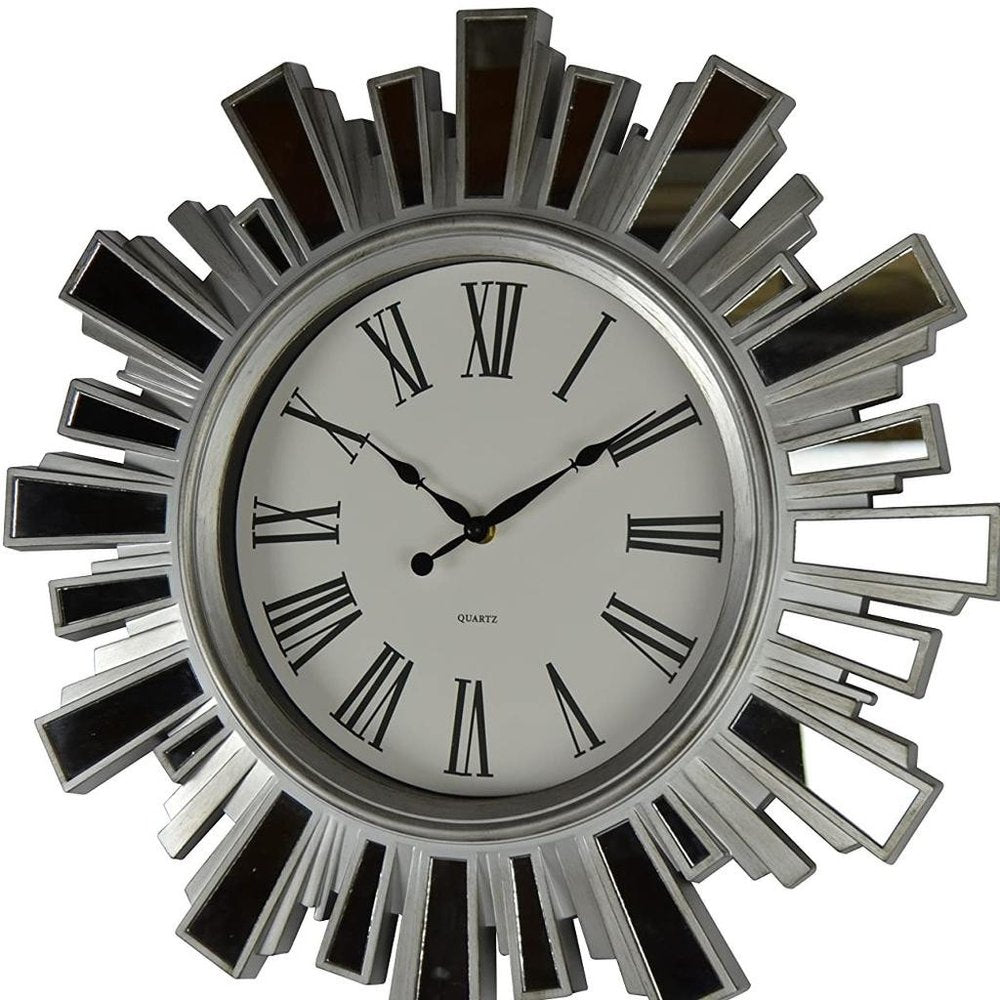 19" Silver And Clear Mirrored Glass And Heavy Duty Plastic Silent Analog Sunburst Wall Clock