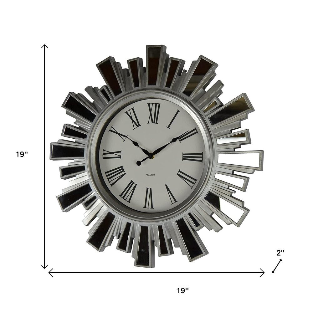 19" Silver And Clear Mirrored Glass And Heavy Duty Plastic Silent Analog Sunburst Wall Clock