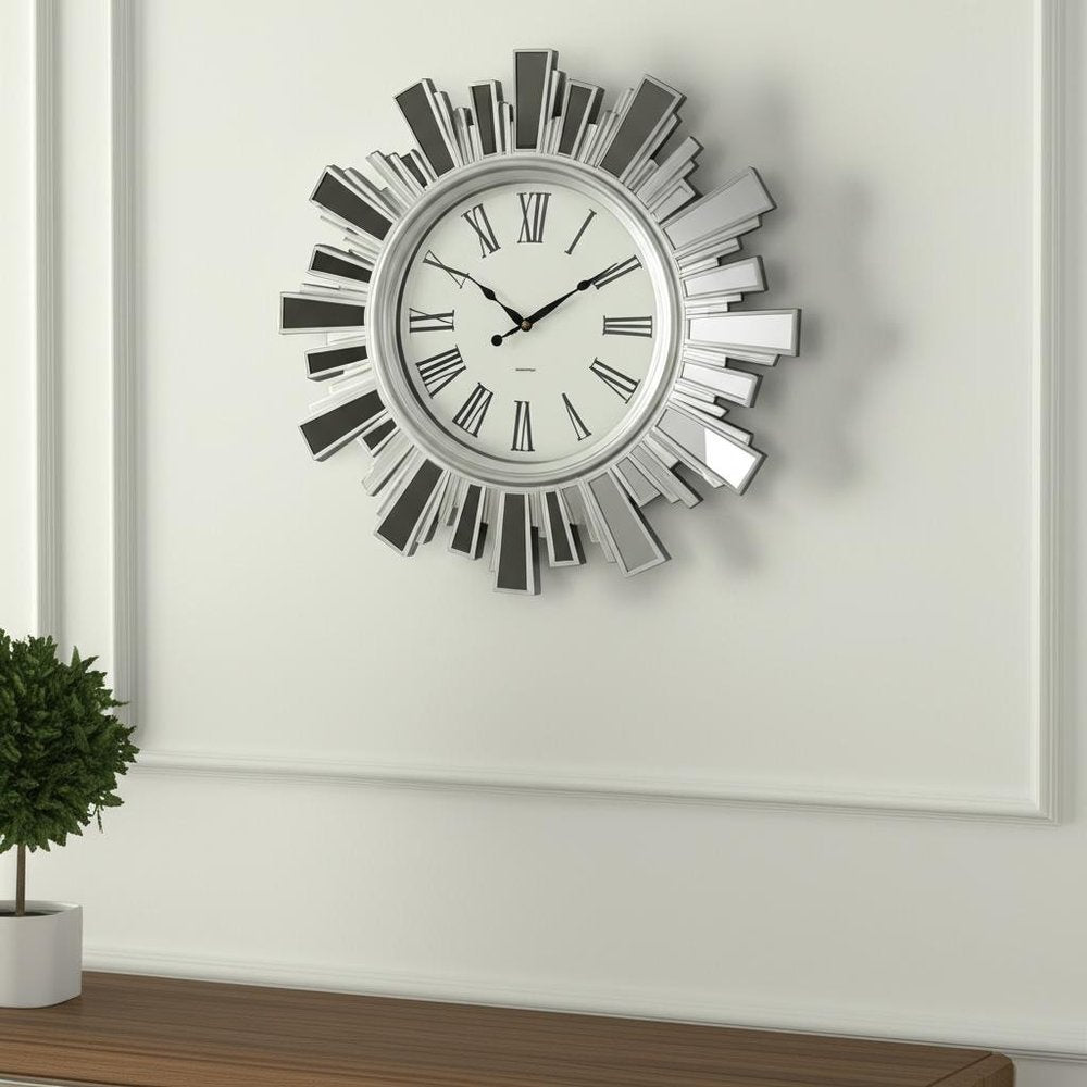 19" Silver And Clear Mirrored Glass And Heavy Duty Plastic Silent Analog Sunburst Wall Clock