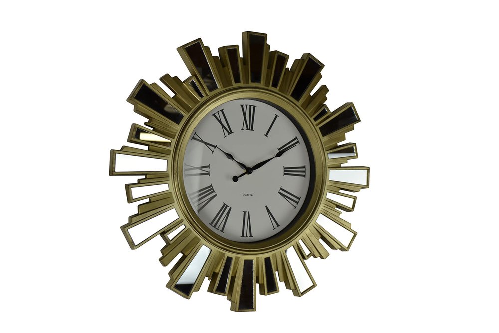 19" Gold And Clear Mirrored Glass And Heavy Duty Plastic Silent Analog Sunburst Wall Clock