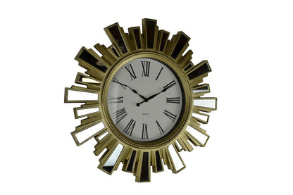 19" Gold And Clear Mirrored Glass And Heavy Duty Plastic Silent Analog Sunburst Wall Clock