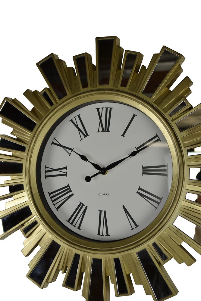 19" Gold And Clear Mirrored Glass And Heavy Duty Plastic Silent Analog Sunburst Wall Clock