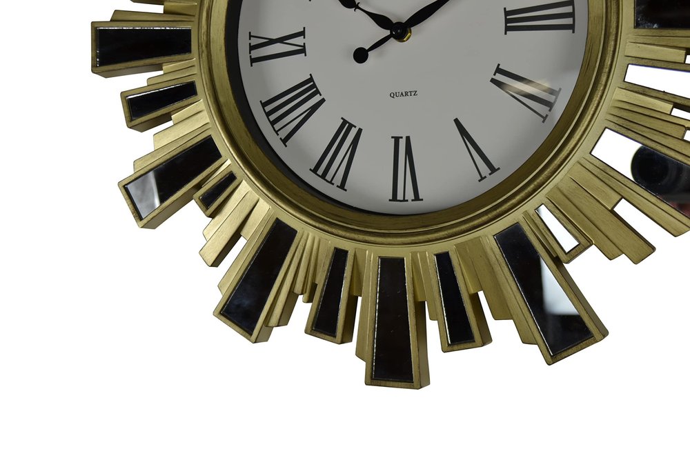 19" Gold And Clear Mirrored Glass And Heavy Duty Plastic Silent Analog Sunburst Wall Clock