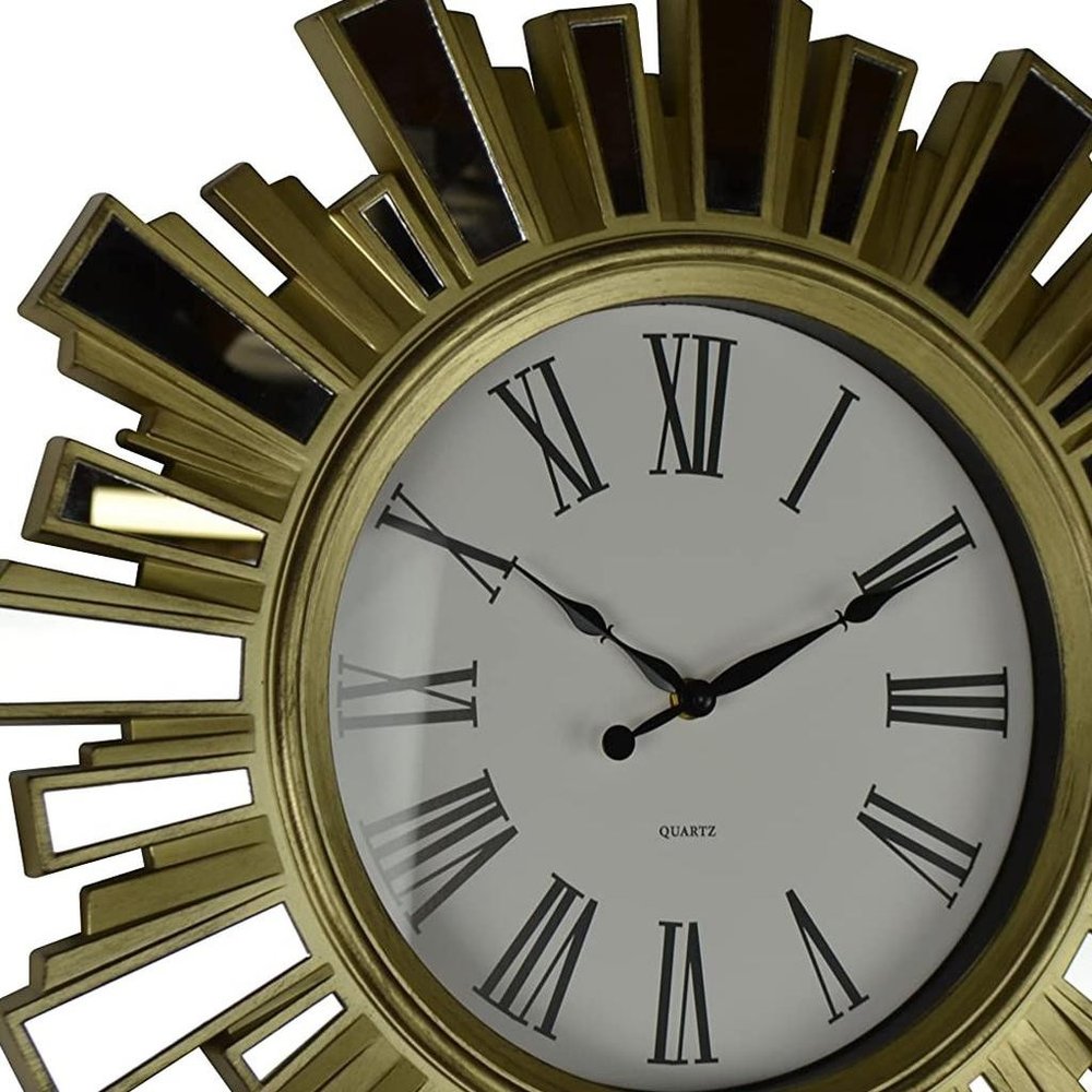 19" Gold And Clear Mirrored Glass And Heavy Duty Plastic Silent Analog Sunburst Wall Clock