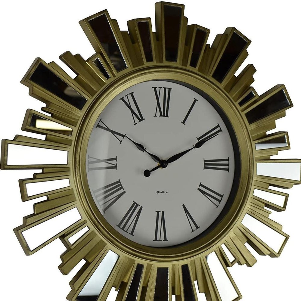 19" Gold And Clear Mirrored Glass And Heavy Duty Plastic Silent Analog Sunburst Wall Clock